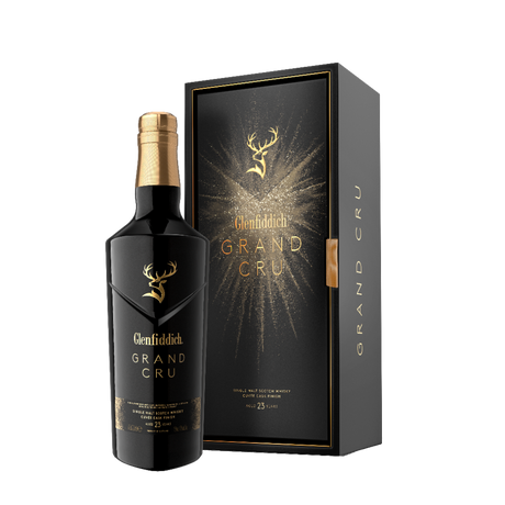 Glenfiddich Grand Cru 23 Year Old Scotch whisky bottle with gift box on black background