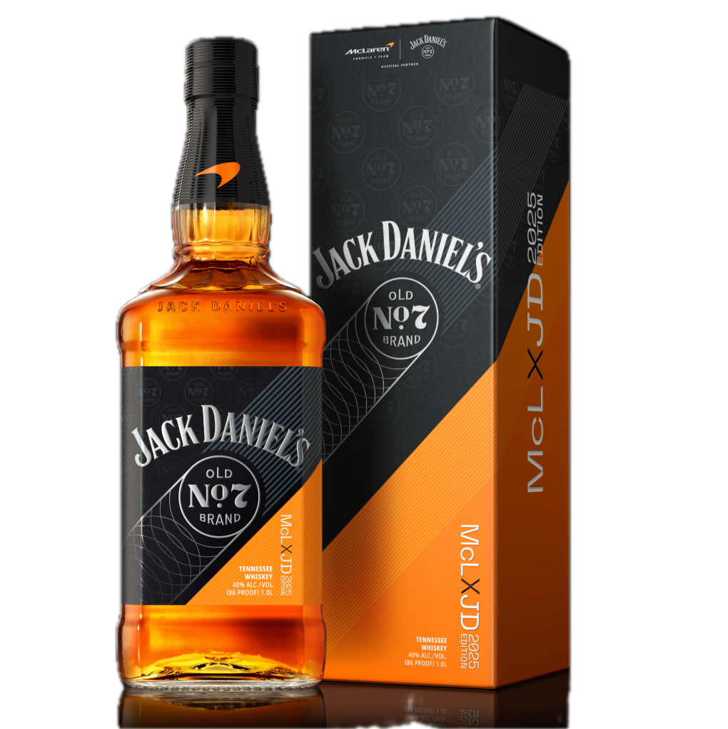 Jack Daniel’s x McLaren Tennessee Whiskey limited edition 1 liter bottle with box on black background
