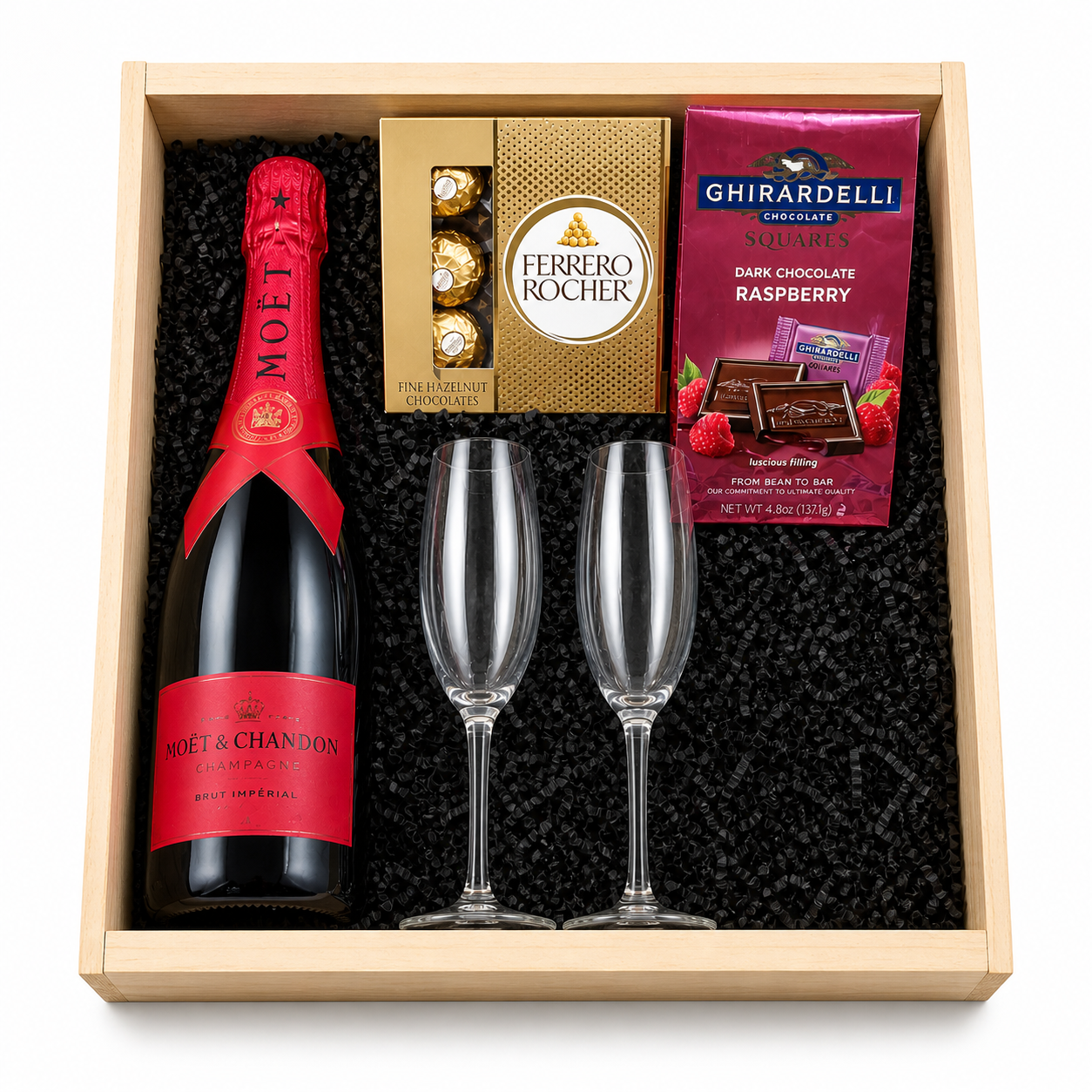 Moet &amp; Chandon Special Edition Brut Imperial Champagne gift set with flutes Ferrero Rocher and Ghirardelli chocolate
