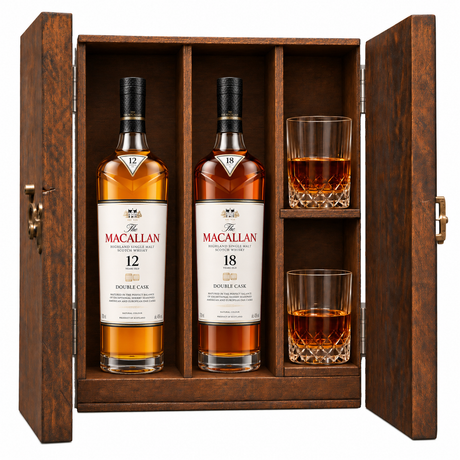 The Macallan whisky gift set in a dark wood presentation box with two bottles (12 and 18 year olds) and two matching cut-glass tumblers, shown against a solid white background.
