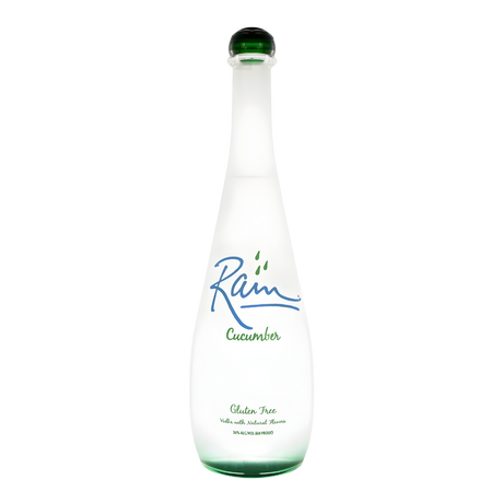 Rain Cucumber Vodka 750ml vodka bottle with frosted clear glass and green base tint, rounded green glass cap, and minimalist white label with blue and green lettering against a clean white background