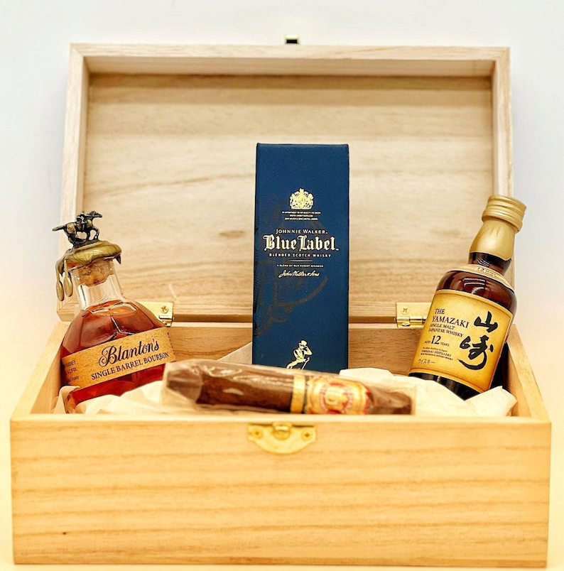 Short Story Gift Box with Blanton's 50ml, Johnnie Walker Blue Label 50ml, Yamazaki 12 Year 50ml, Wooden Box (Engravable)