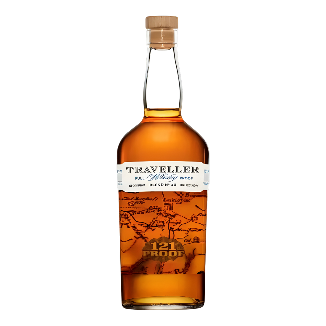 Traveller Blend No. 40 Full Proof Whiskey 750ml whiskey bottle with rich amber glass, natural cork stopper, and cream label with map illustration and bold gold 121 proof emblem against a clean white background