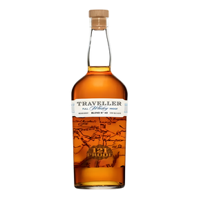Traveller Blend No. 40 Full Proof Whiskey 750ml whiskey bottle with rich amber glass, natural cork stopper, and cream label with map illustration and bold gold 121 proof emblem against a clean white background