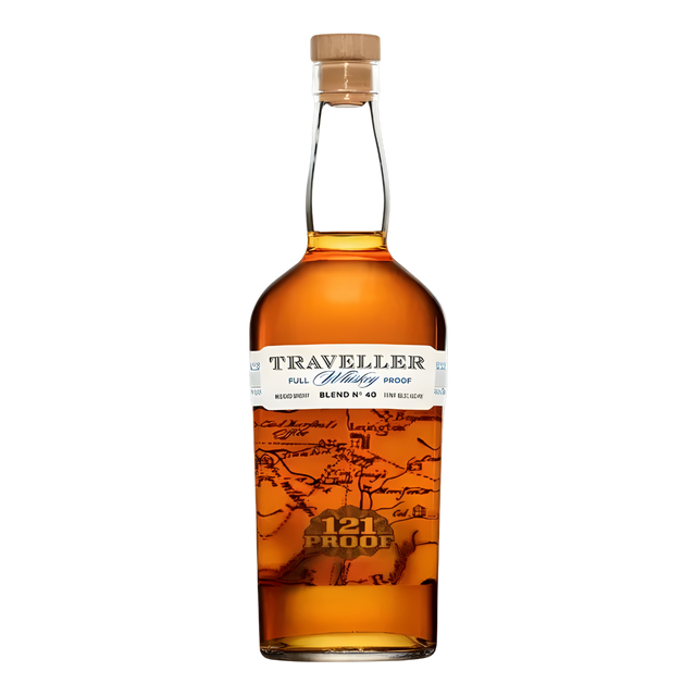 Traveller Blend No. 40 Full Proof Whiskey 750ml whiskey bottle with rich amber glass, natural cork stopper, and cream label with map illustration and bold gold 121 proof emblem against a clean white background