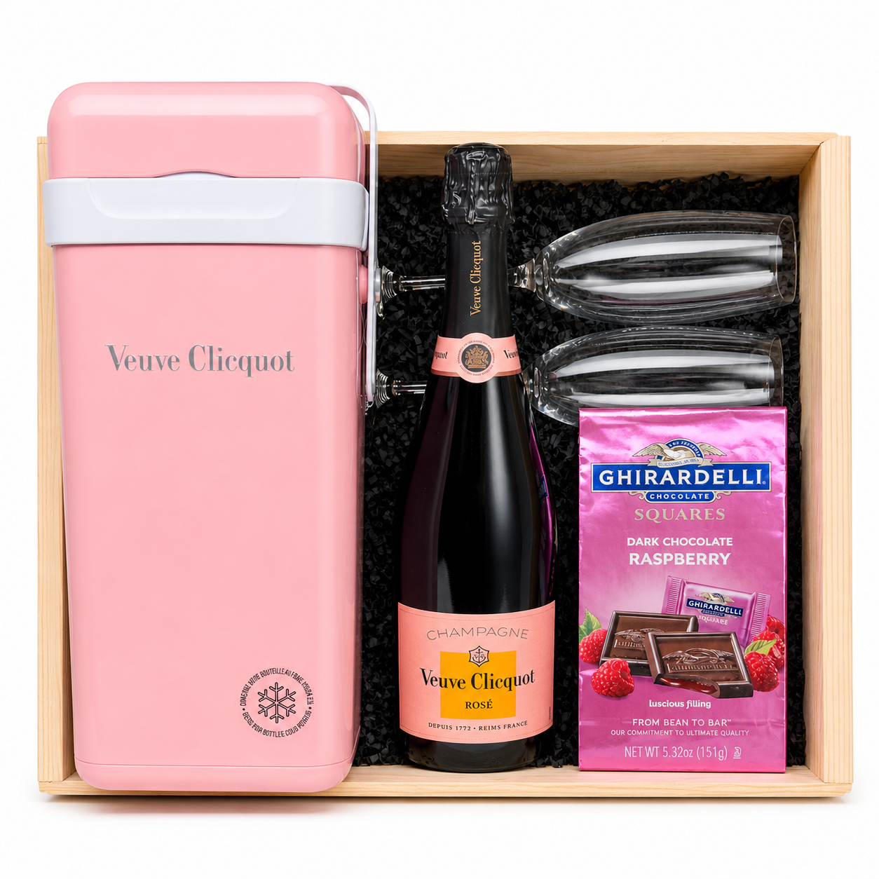 Veuve Clicquot Brut Rose Champagne gift set with cooler flutes chocolate and wooden crate