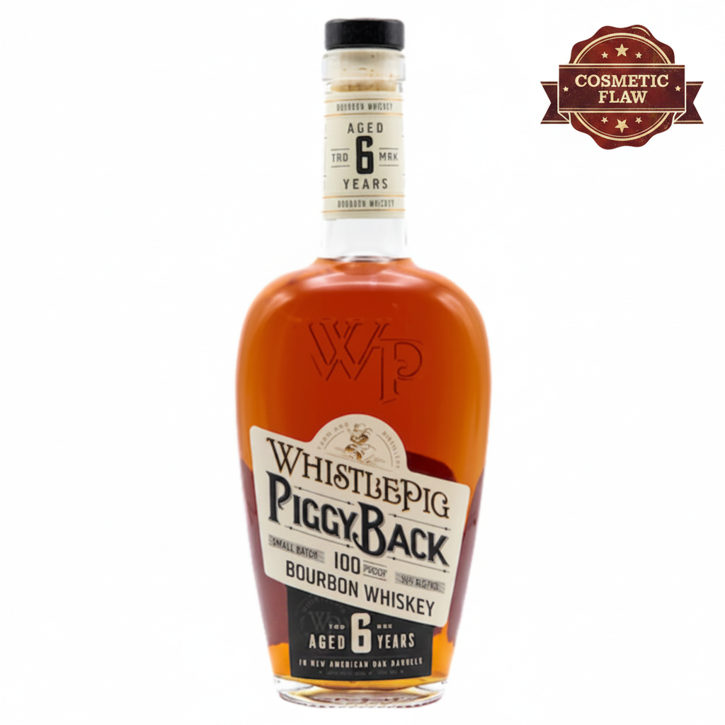 A bottle of Whistle Pig Piggy Back Bourbon whiskey with a label indicating it is a 6-year-old bourbon.
