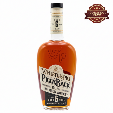 A bottle of Whistle Pig Piggy Back Bourbon whiskey with a label indicating it is a 6-year-old bourbon.