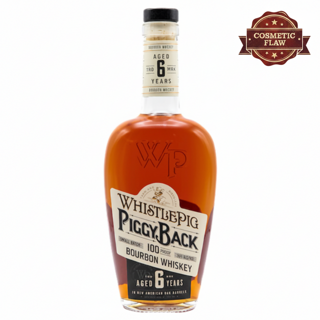 A bottle of Whistle Pig Piggy Back Bourbon whiskey with a label indicating it is a 6-year-old bourbon.