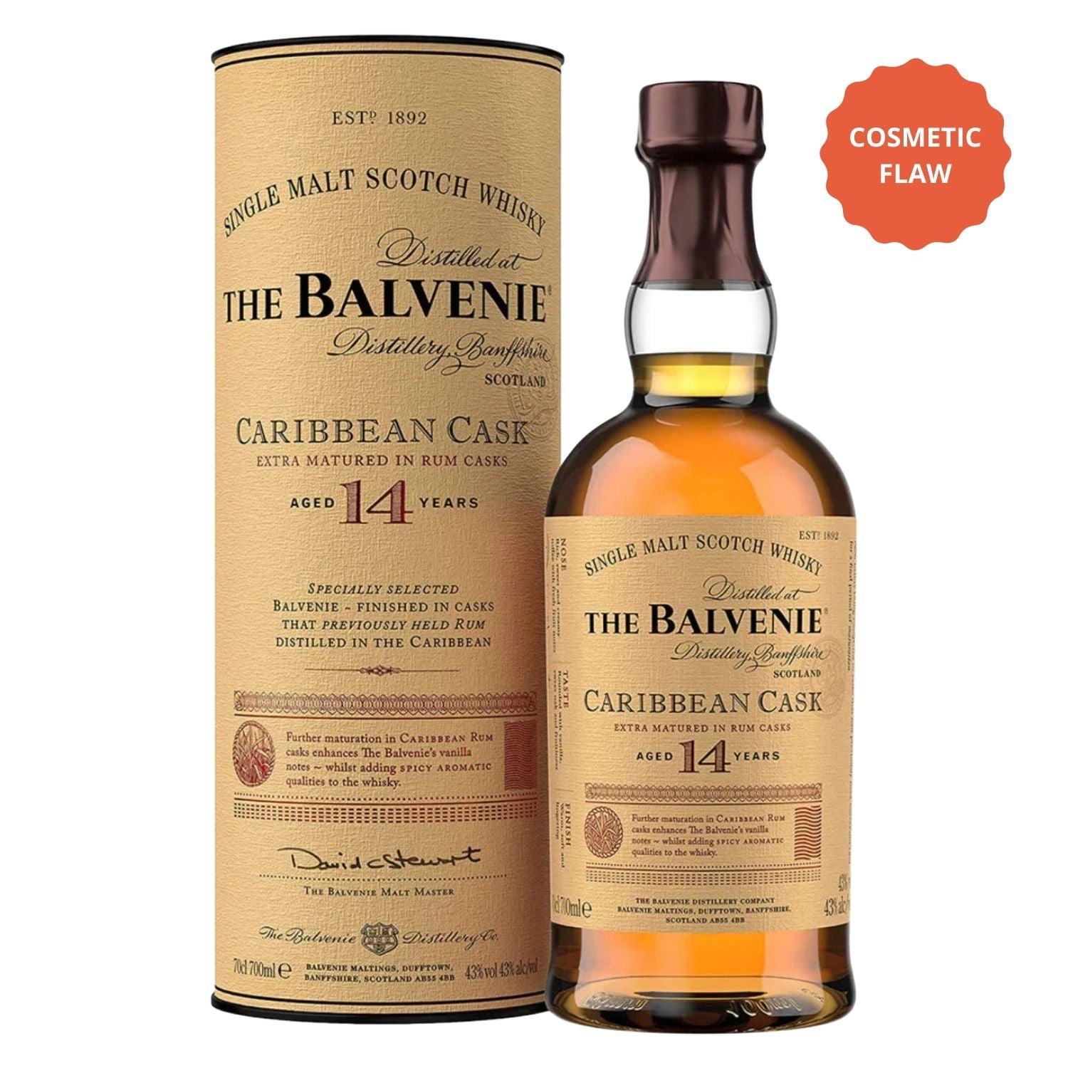 The Balvenie 14 Year Caribbean Cask Single Malt Scotch Whisky – Cosmetic Flaw Bottle Deal (750ml)
