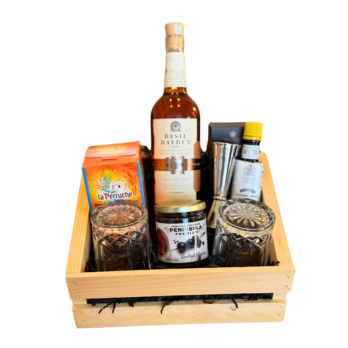 Basil Hayden’s Old-Fashioned Wooden Gift Crate – Bourbon, Glasses, Bitters &amp; Bar Tools