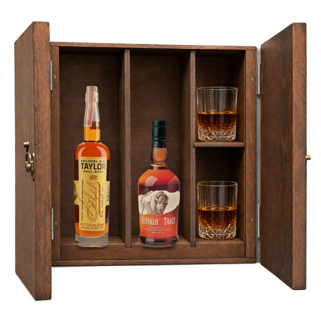 Colonel E.H. Taylor Small Batch Bottled in Bond & Buffalo Trace Kentucky Straight Bourbon wooden gift box with 2 crystal glas