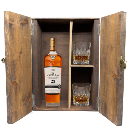 The Macallan 25 Year in a fitted wooden gift box with two crystal old-fashioned glasses, studio white