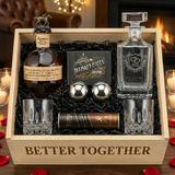 Blanton's Original Single Barrel Bourbon Date Night Gift Crate featuring "Better Together" etched crystal decanter, two cut crystal old fashioned glasses, Whiskey Balls XL stainless steel ice spheres, and Turin bourbon chocolates in a wooden presentation crate with romantic ambient lighting