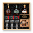 Blanton's Executive Crate with Gold Edition, Special Reserve, and Straight From The Barrel 700ml bottles, My Father 5 cigar toro sampler with cutter and lighter, three Glencairn glasses, and three Royal Reserve whiskey stones sets in large natural wood display crate