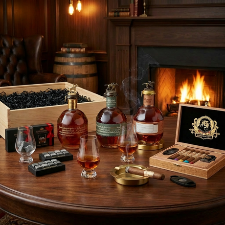 Blanton's Executive bourbon gift crate lifestyle scene featuring three bottles - Gold Edition with gold horse stopper, Special Reserve Green Label with dark green band, and Straight From The Barrel with copper neck sleeve - with three Glencairn whisky glasses with neat pours, Royal Reserve Whiskey Stones with granite cubes, My Father Cigars 5-cigar sampler set in oak wood box with cigar cutter, lighter, and lit cigar in ashtray, open wooden crate on dark walnut table in luxurious bourbon den setting.