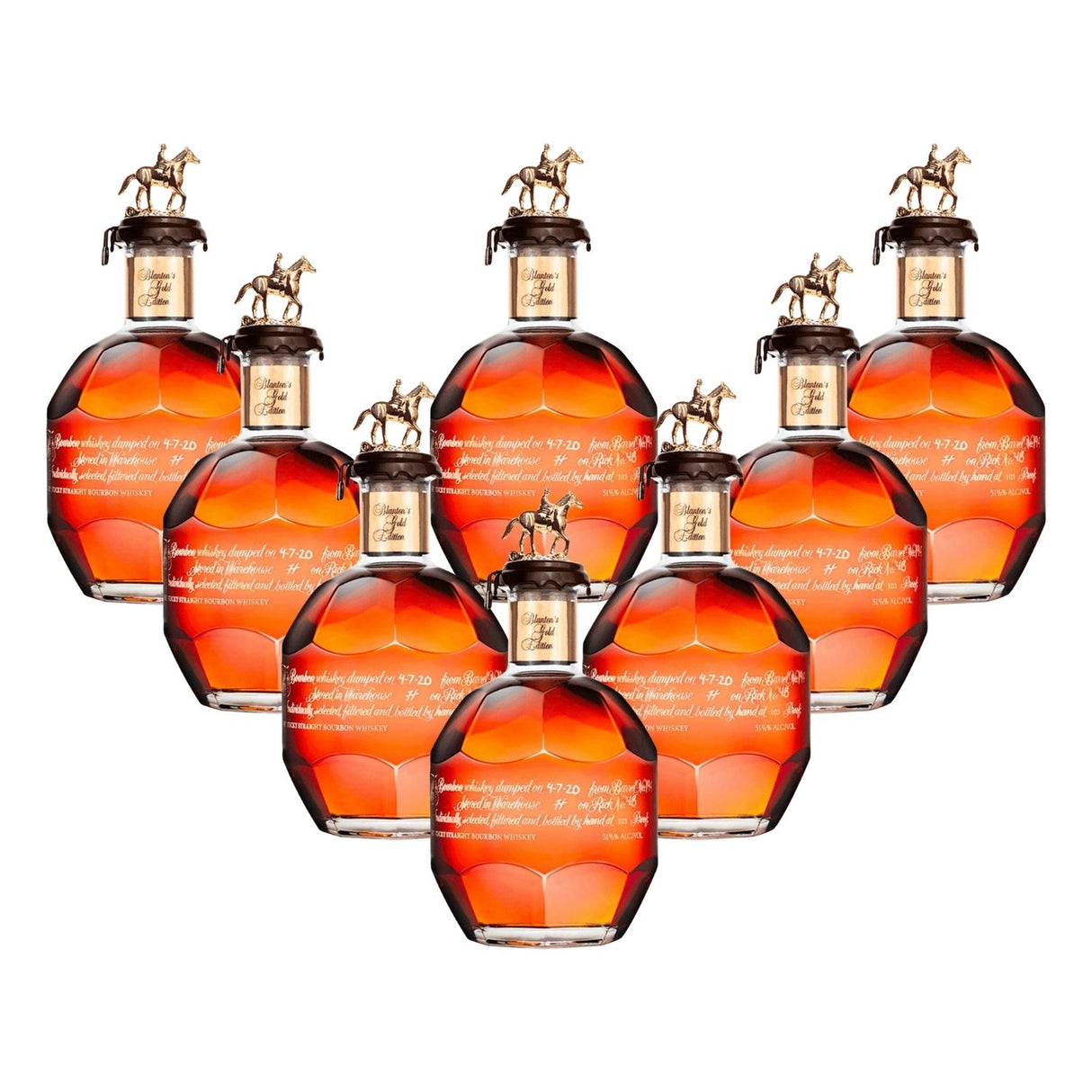 Blanton's Gold Edition Single Barrel Bourbon complete 8-bottle collector's set with gold horse and jockey stoppers and rose gold neck bands, 750ml bottles