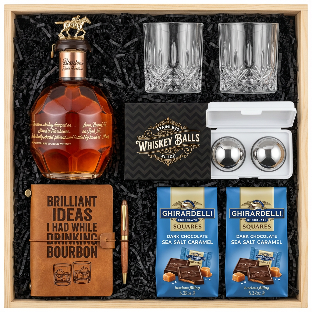 Blanton's Gold Edition Single Barrel Bourbon gift crate with gold horse stopper, crystal-cut old fashioned glasses, faux-leather bourbon journal and pen set, premium XXL stainless steel whiskey balls, and two Ghirardelli Dark Chocolate Sea Salt Caramel bags on rustic aged oak surface with warm amber bourbon bar lighting and moody bokeh