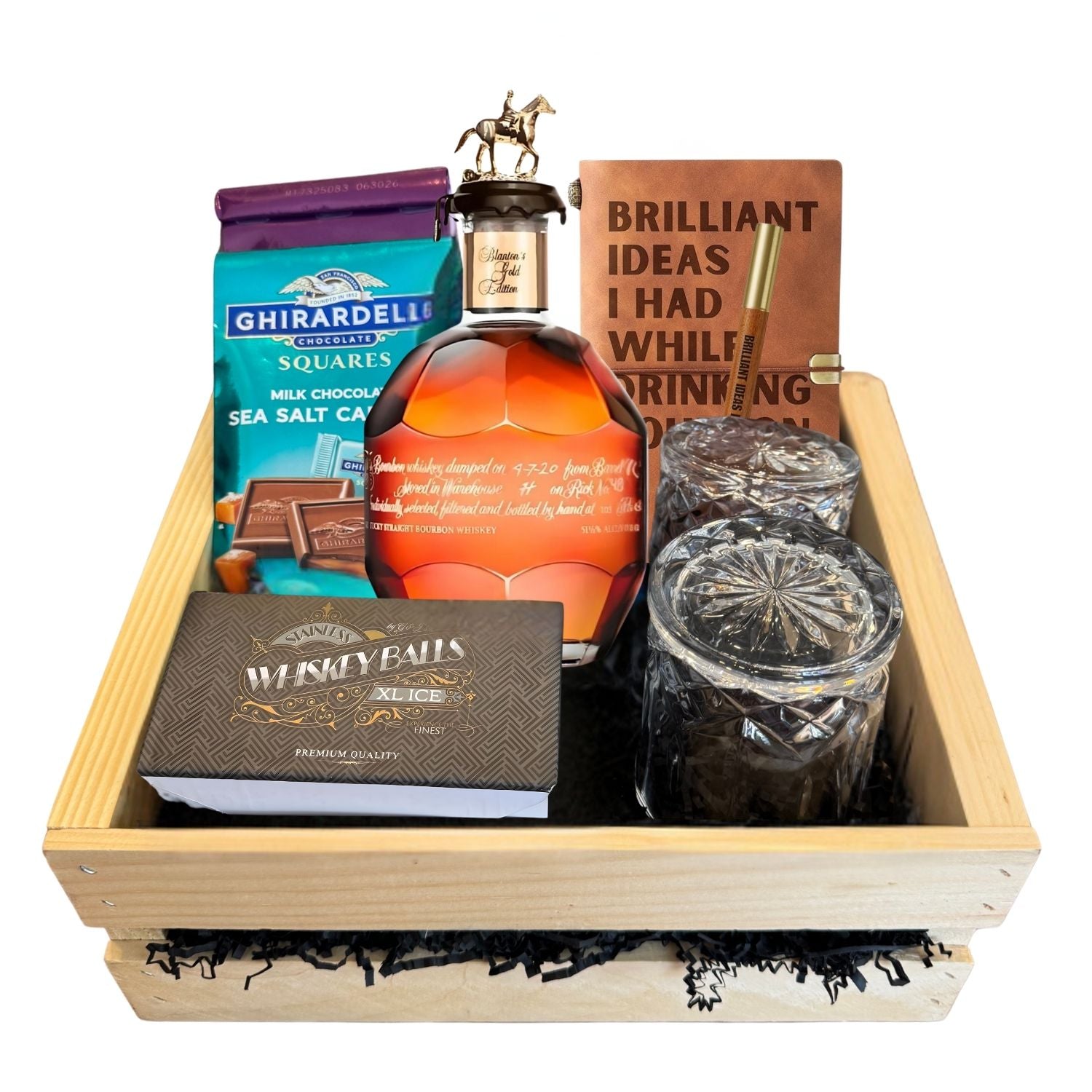 Blanton’s Gold Edition Single Barrel Bourbon Gift Crate on white background – includes bourbon, glasses, chocolate, and journal – luxury bourbon gift from Total Bourbon