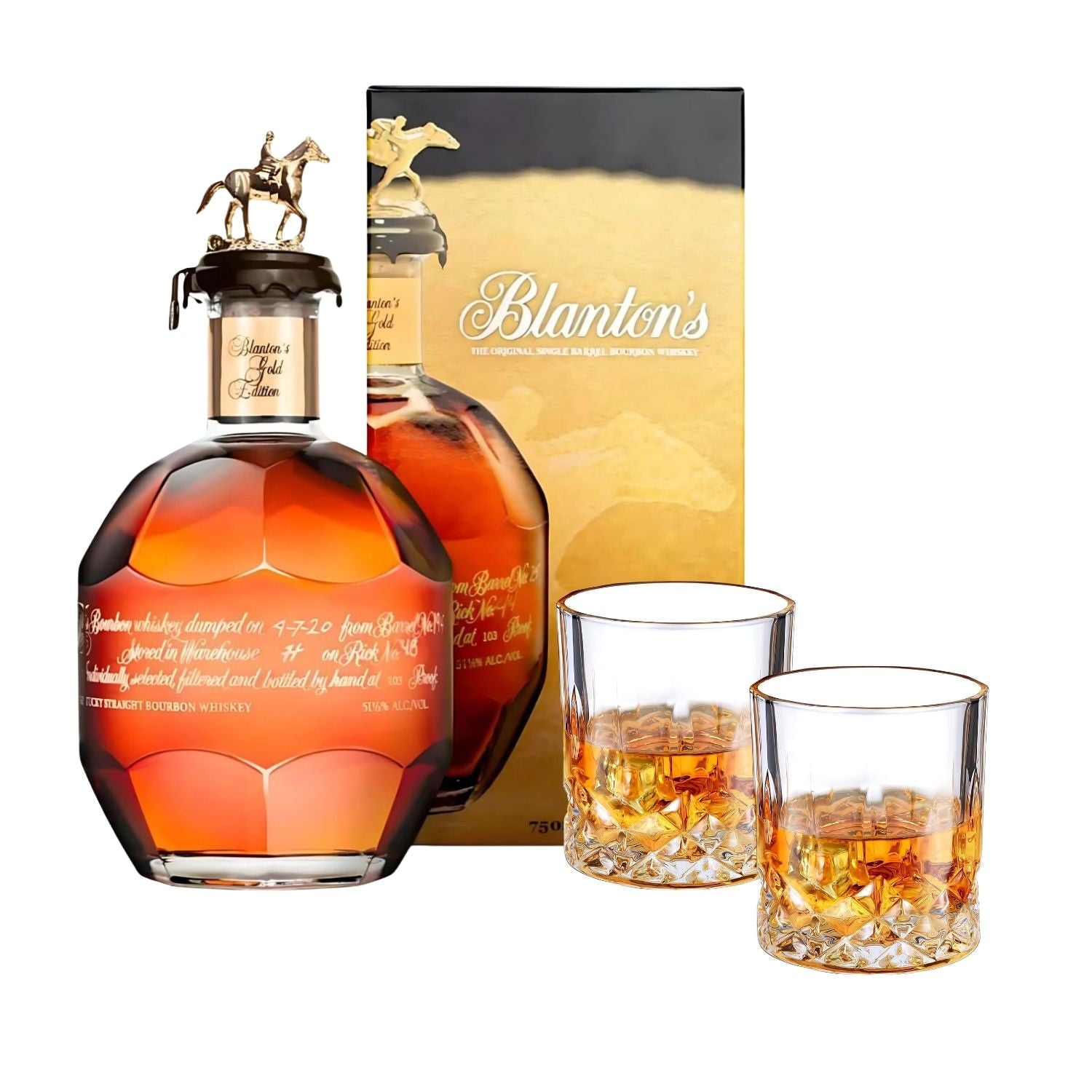 Blanton’s Gold Edition Single Barrel Bourbon Gift Set on white background – includes 750ml bottle and two crystal old-fashioned glasses – rare collector’s bourbon from Total Bourbon