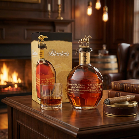 Blanton's Gold Edition Single Barrel Kentucky Straight Bourbon Whiskey lifestyle scene featuring distinctive faceted bottle with gold horse and jockey stopper and gold presentation gift box displayed with crystal bourbon glass on rich dark wood surface in luxurious bourbon den setting with warm ambient lighting.