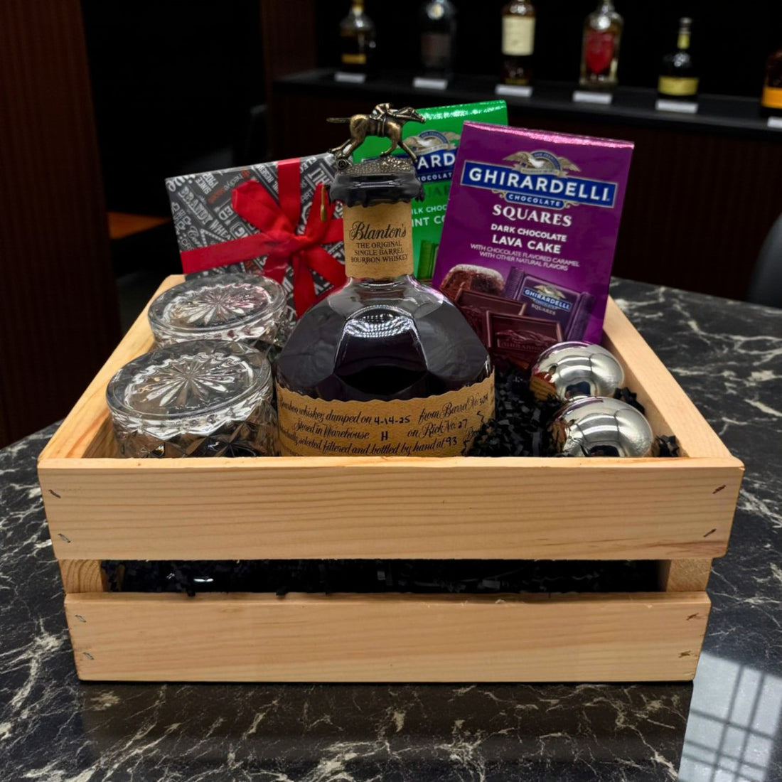 Blanton’s Original Single Barrel Engravable Wooden Gift Crate – Bourbon, Old-Fashioned Glasses &amp; Whiskey Stones