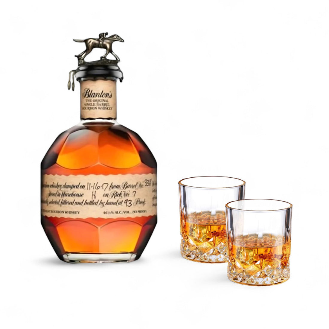 Blanton’s Original Single Barrel Bourbon – 750ml with 2 Old-Fashioned Glasses Gift Set