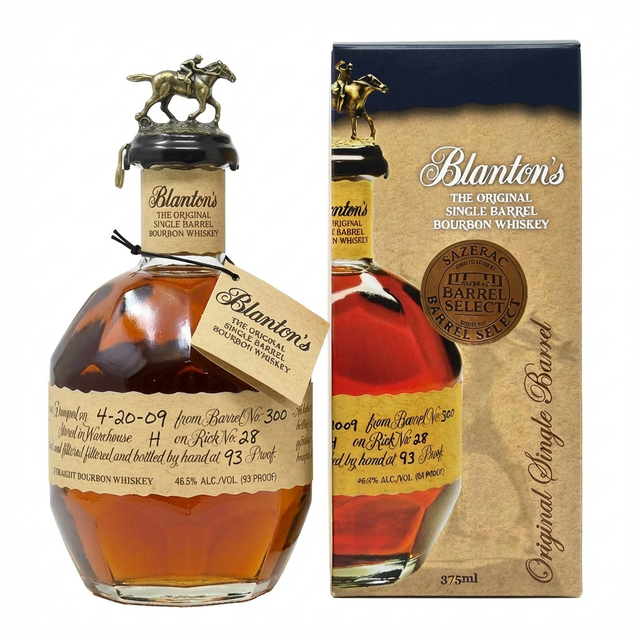 Blanton's Original Single Barrel Bourbon Sazerac Barrel Select 375ml half bottle with iconic horse and jockey stopper and original gift box featuring Sazerac Barrel Select medallion