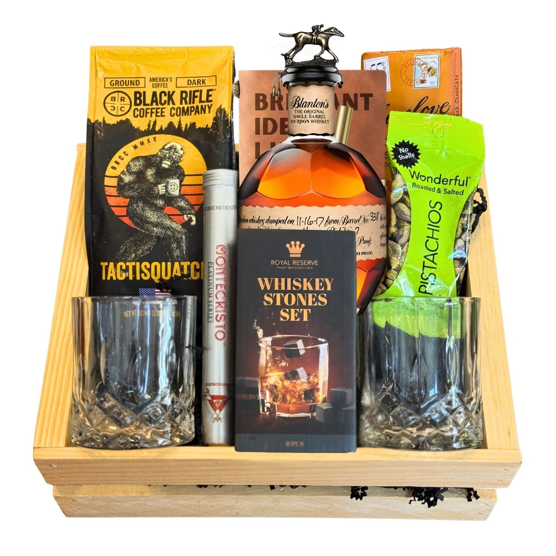 Blanton’s Original Single Barrel Top Shelf Gift Crate with bourbon, coffee, chocolate, pistachios, cigar, whiskey stones, and glasses – available at Total Bourbon