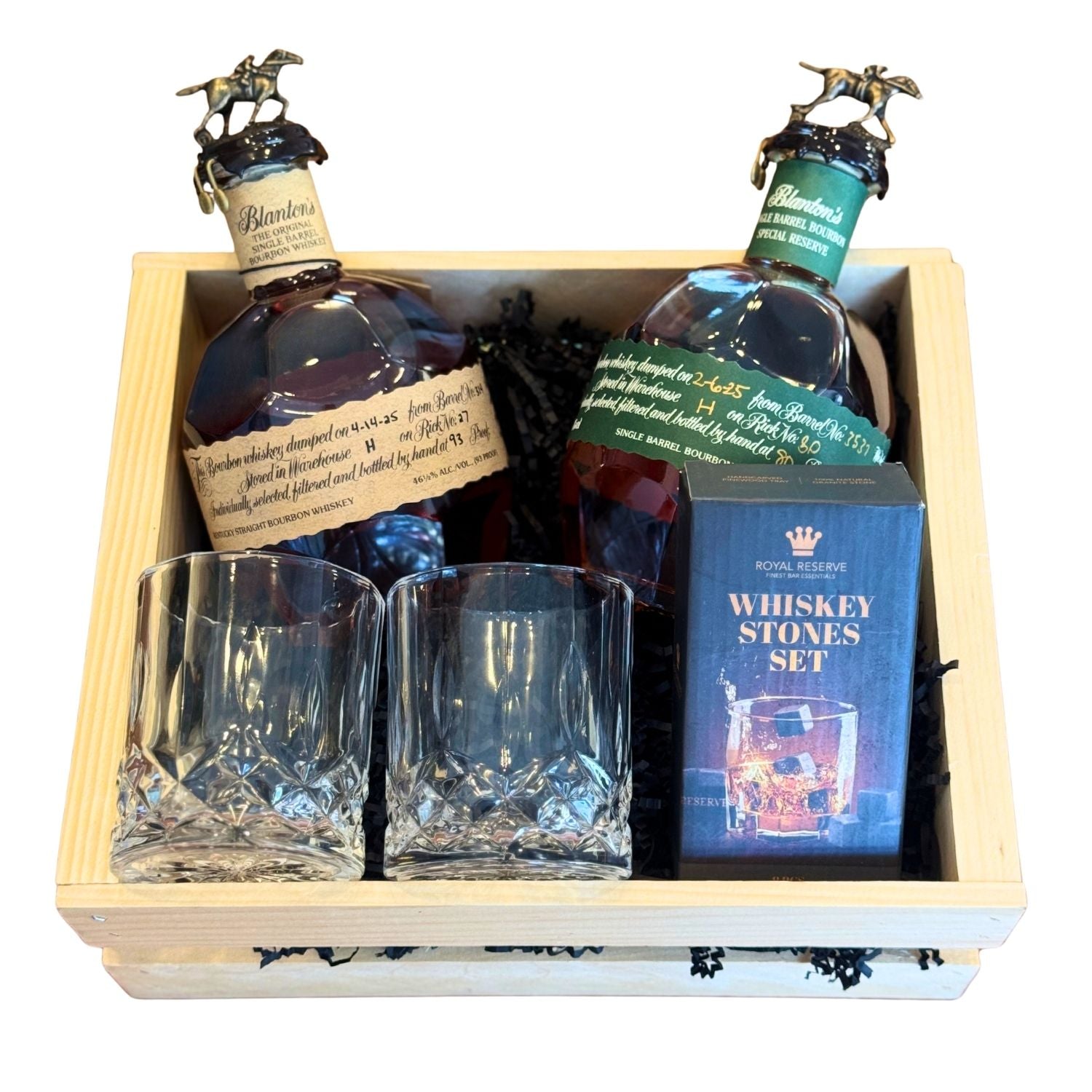Blanton’s Original and Special Reserve Bourbon Gift Crate with crystal cut glasses and whiskey stones – available at Total Bourbon