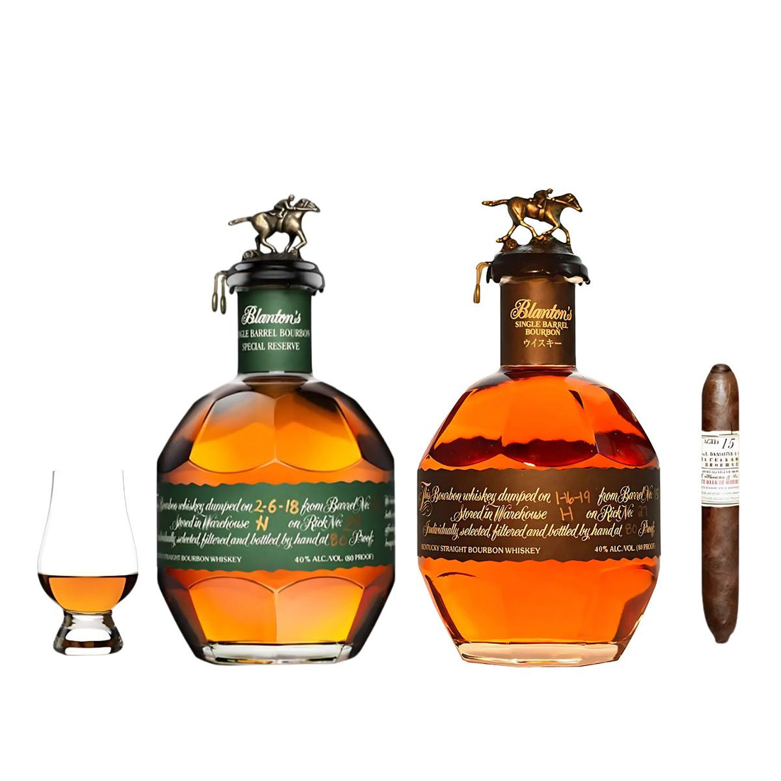 Blanton’s Reserve and Black Edition Bourbon Gift Set with Cigar and Glencairn Glass