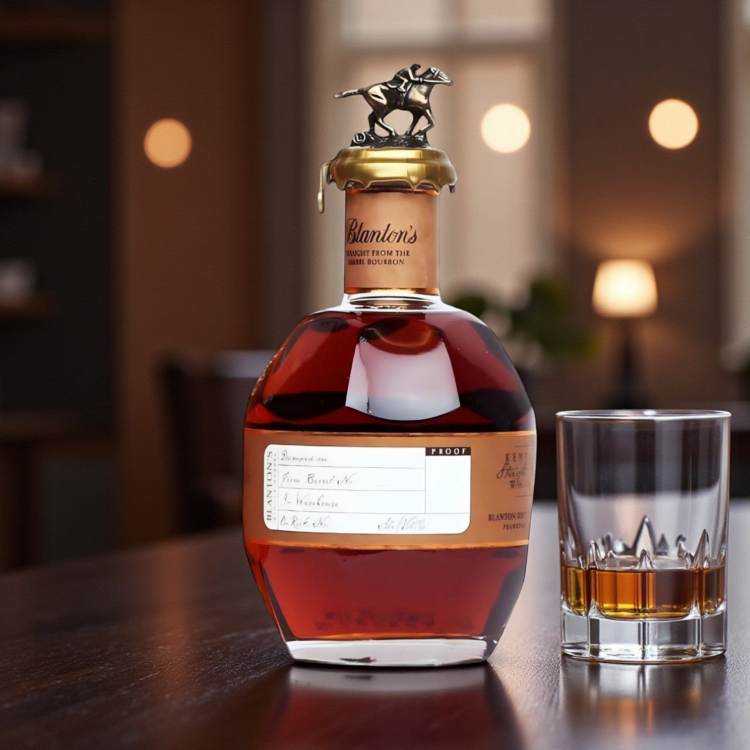 Blanton’s Straight From The Barrel Single Barrel Bourbon 700ml International Release bottle on wooden table beside glass of bourbon – lifestyle shot from Total Bourbon