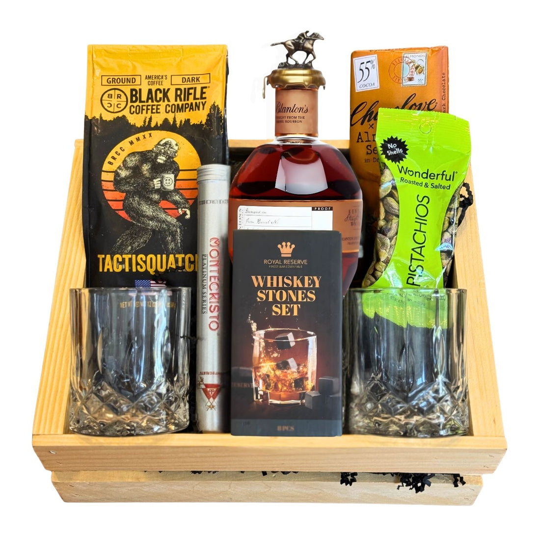 Blanton’s Straight From the Barrel Bourbon Gift Crate with coffee, chocolate, pistachios, cigar, whiskey stones, and glasses – available at Total Bourbon