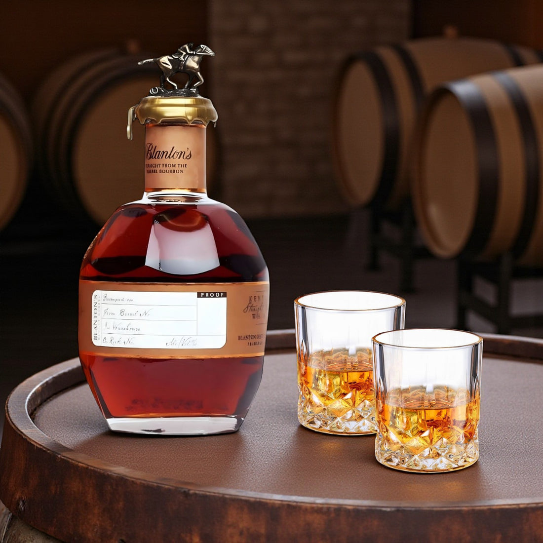 Blanton’s Straight From the Barrel Bourbon 700ml with two old-fashioned glasses on bourbon barrel surrounded by aging casks – lifestyle shot from Total Bourbon
