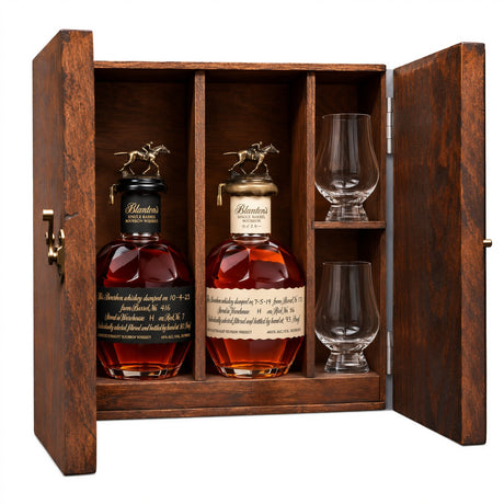 Blanton's Takara Black and Takara Red 750ml bottles in a wooden gift box with 2 Glencairn glasses