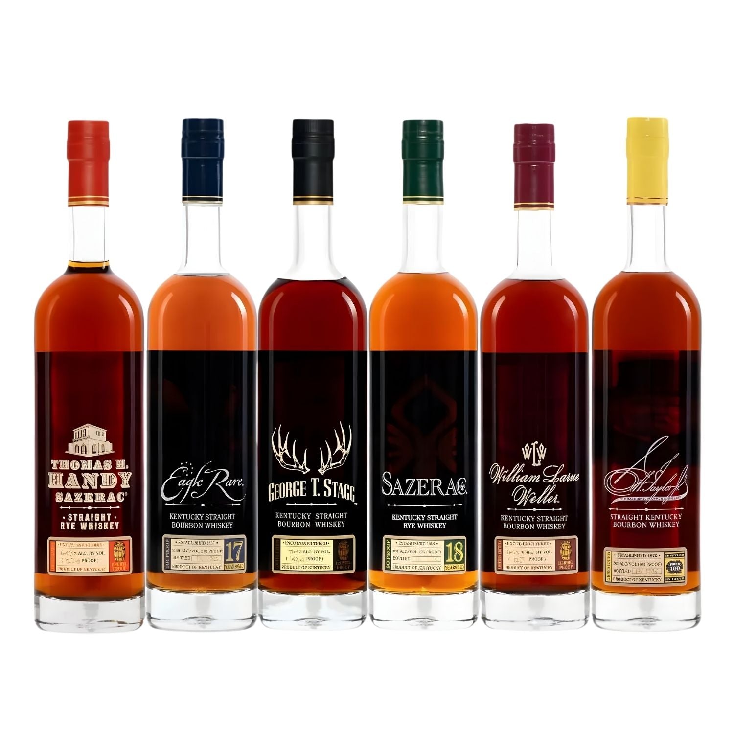 Buffalo Trace Antique Collection 2025 complete 6 bottle set on white background featuring E.H. Taylor Bottled-in-Bond 15 year, Eagle Rare 17 year, George T. Stagg, William Larue Weller, Thomas H. Handy Rye, and Sazerac 18 Year Rye