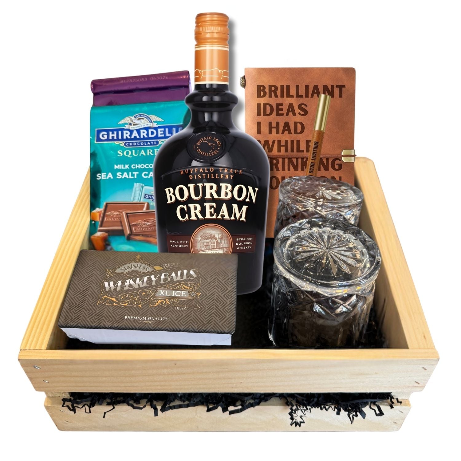 Buffalo Trace Bourbon Cream Gift Crate with chocolates, whiskey balls, crystal-cut glasses, and bourbon journal on white background – Total Bourbon exclusive