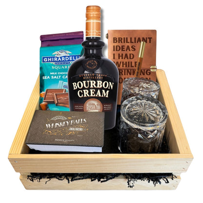 Buffalo Trace Bourbon Cream Gift Crate with chocolates, whiskey balls, crystal-cut glasses, and bourbon journal on white background – Total Bourbon exclusive