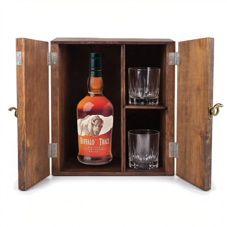 Buffalo Trace Bourbon Gift Set with Wooden Box & 2 Crystal Glasses – 750ml