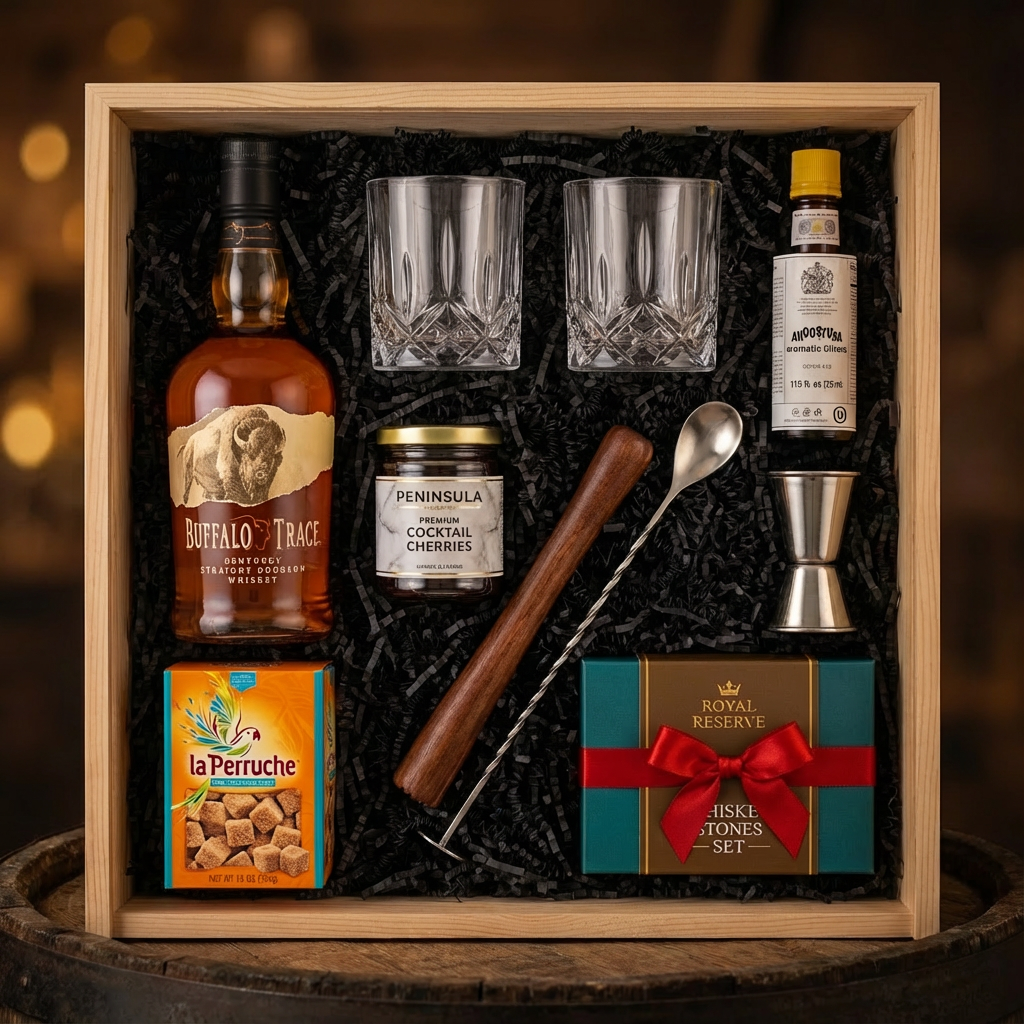 Buffalo Trace Old-Fashioned cocktail gift crate with Buffalo Trace Kentucky Straight Bourbon Whiskey, crystal glasses, bitters, muddler, bar spoon, jigger, cocktail cherries, sugar cubes, and whiskey stones nestled in black zigzag crinkle paper inside wooden crate on rustic aged oak surface with warm amber bourbon bar lighting