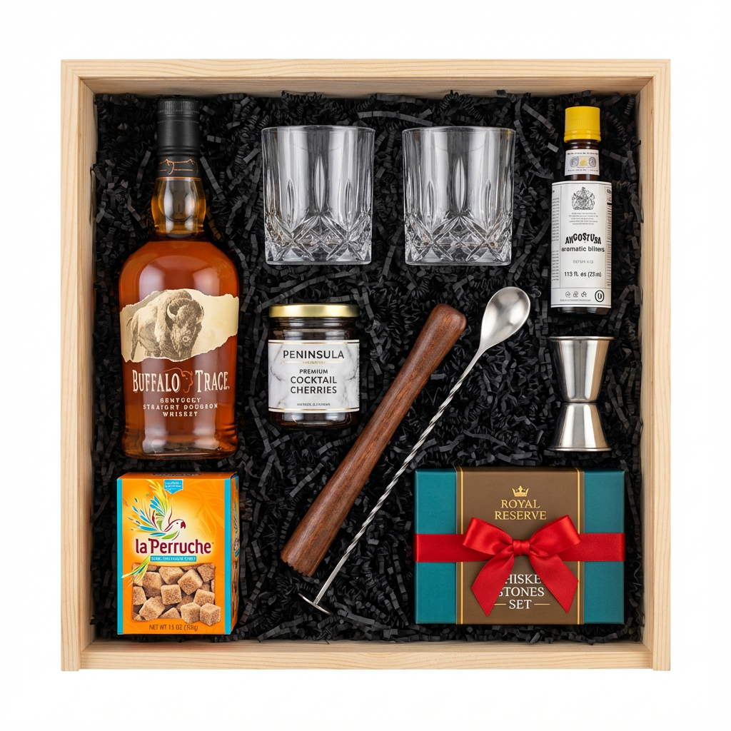 Buffalo Trace Old-Fashioned cocktail gift crate with Buffalo Trace Kentucky Straight Bourbon Whiskey with buffalo label, crystal-cut old fashioned glasses, Angostura bitters, premium muddler, bar spoon, jigger, Peninsula cocktail cherries, La Perruche sugar cubes, and Royal Reserve whiskey stones set all nestled in black zigzag crinkle paper inside wooden crate on white background