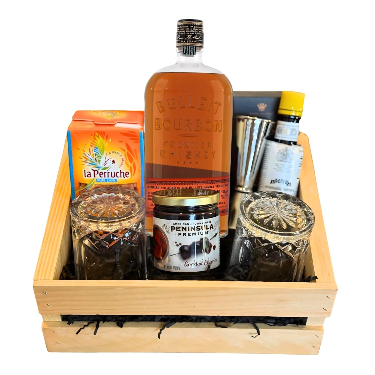 Bulleit Bourbon Old Fashioned Gift Crate with whiskey, bar tools, cocktail cherries, bitters, and glasses – available at Total Bourbon