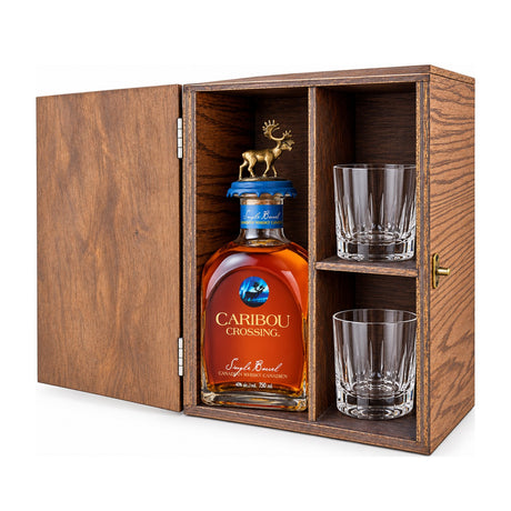 Caribou Crossing Single Barrel Wooden Gift Box & 2 Crystal Glasses – wooden gift box with 2 crystal glasses