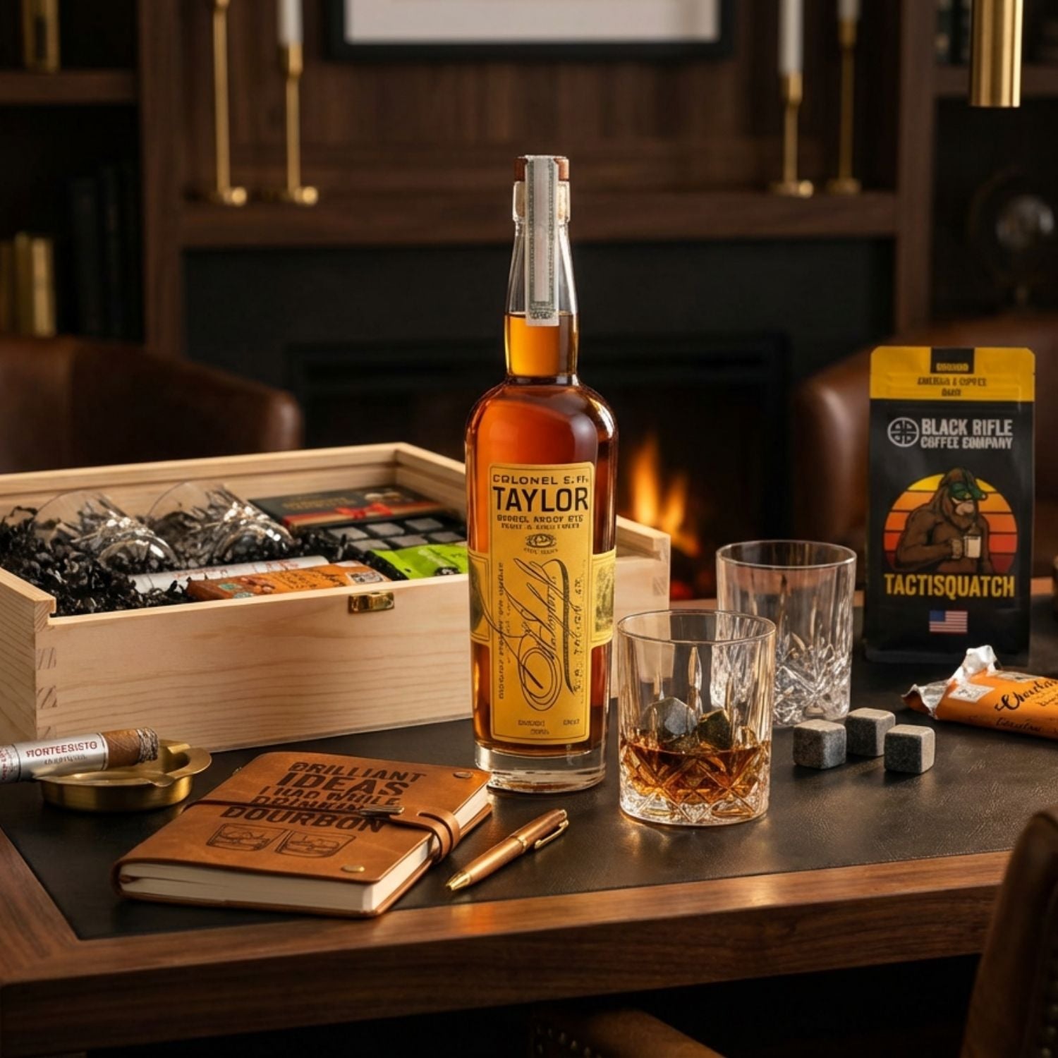 Colonel E.H. Taylor Barrel Proof Rye bourbon gift crate displayed on dark walnut table in upscale home bar setting, featuring crystal cut whiskey glass with poured bourbon, leather journal, whiskey stones, Montecristo cigar, Black Rifle Coffee, artisan chocolate, and pistachios with warm ambient lighting.