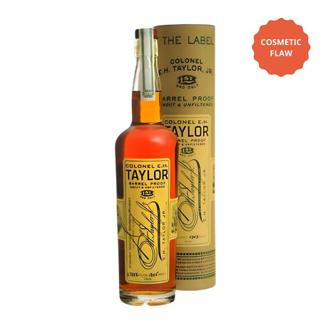 Colonel E.H. Taylor Barrel Proof Kentucky Straight Bourbon Whiskey 750ml bottle, uncut and unfiltered barrel strength 125-130 proof from Buffalo Trace Distillery, Bloopers cosmetic flaw discount bottle