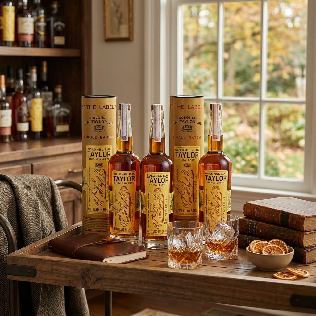 Bottles of Colonel E.H. Taylor Whiskey on a wooden tray with glasses and snacks, in a cozy room.