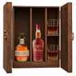 Blanton's Original Single Barrel & W.L. Weller Antique 107 in a wooden gift box with two crystal glasses on white