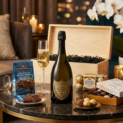 Dom Pérignon Vintage 2015 Champagne gift crate lifestyle scene with bottle, two champagne flutes with golden bubbly pour, Ghirardelli Dark Chocolate Sea Salt Caramel squares, Ferrero Rocher chocolates, Godiva Goldmark Let&