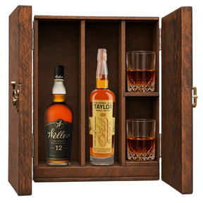 Weller 12 Year & Colonel E.H. Taylor Small Batch Bottled in Bond in a wooden gift box with two crystal glasses on white