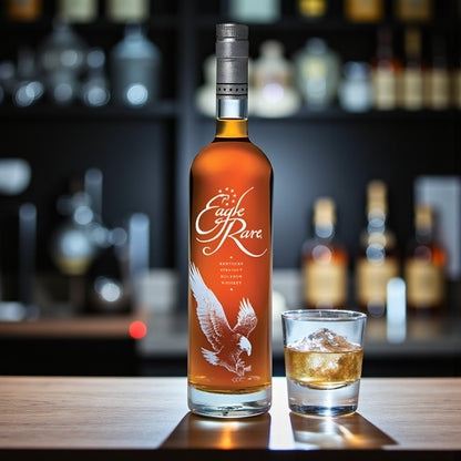 Eagle Rare 10 Year Kentucky Straight Bourbon Whiskey bottle on bar with glass of bourbon on ice – lifestyle shot from Total Bourbon